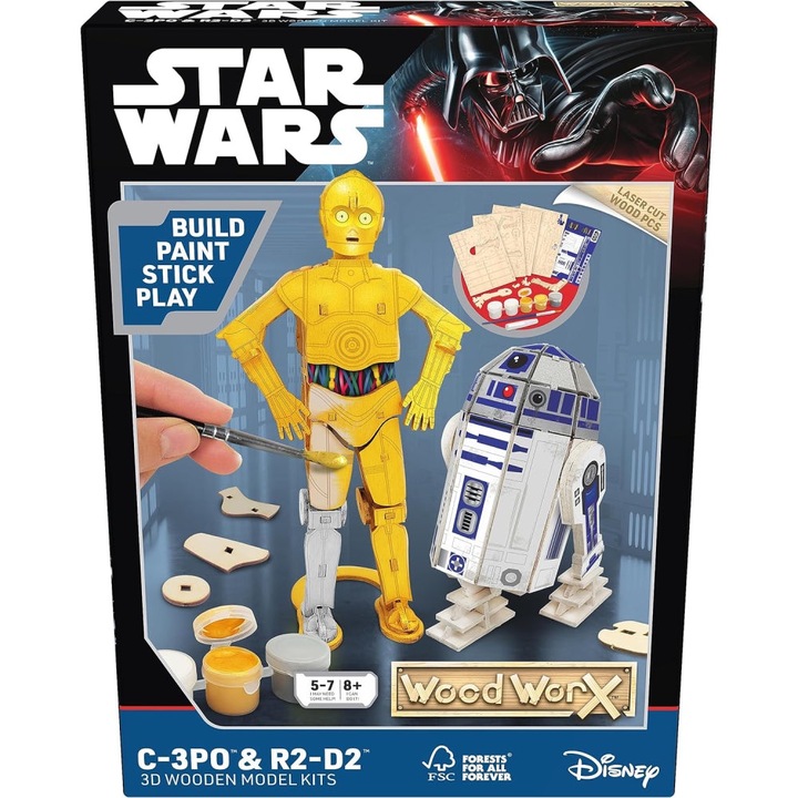 Wood WorX Star Wars makettező építőjáték készlet, C-3PO & R2D2 modell, 110 fa darab + festék, ecset és ragasztó