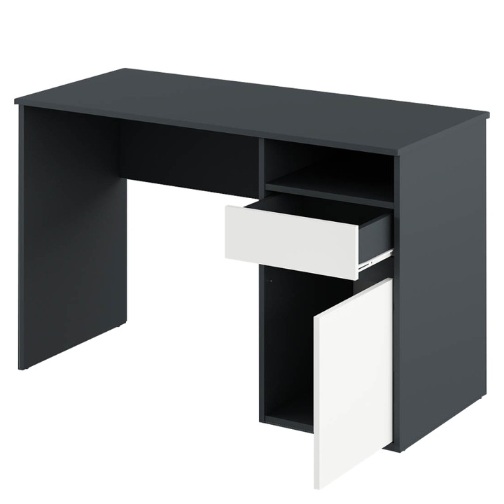 Компютърно бюро, Bortis, графит, бяло, с едно чекмедже, един шкаф, едно отворено място за съхранение, елегантен и модерен модел, изработено от ламинирано ПДЧ, 120x53x75, 5 см