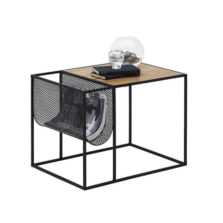 Masa DacEnergy©, constructie din metal, blat din MDF, o zona de depozitare, 55 x 40 x 45 cm, negru si stejar