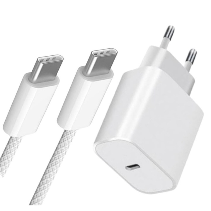 Комплект зарядно устройство Planet Tech, съвместимо с Apple iPhone 15 / 15 Pro / 15 Pro Max / 16 / 16 Pro / 16 Pro Max, 20W Fast Charger, USB-C - USB-C кабел