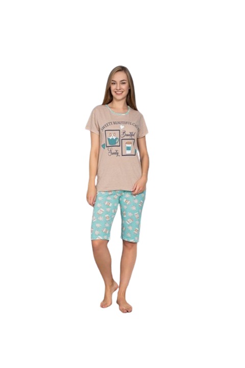 Pijamale dama, 2 piese, bumbac, tricou si pantaloni scurti, maro/verde