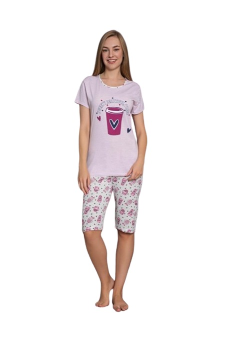 Pijamale dama, 2 piese, bumbac, tricou si pantaloni scurti, roz