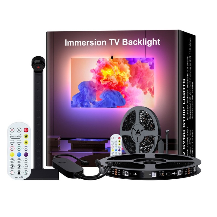 Banda led RGBIC inteligenta pentru TV AxaCube, backlight, compatibil 55-65 inch, camera cu senzor de culoare, bluetooth, control prin aplicatie si telecomanda