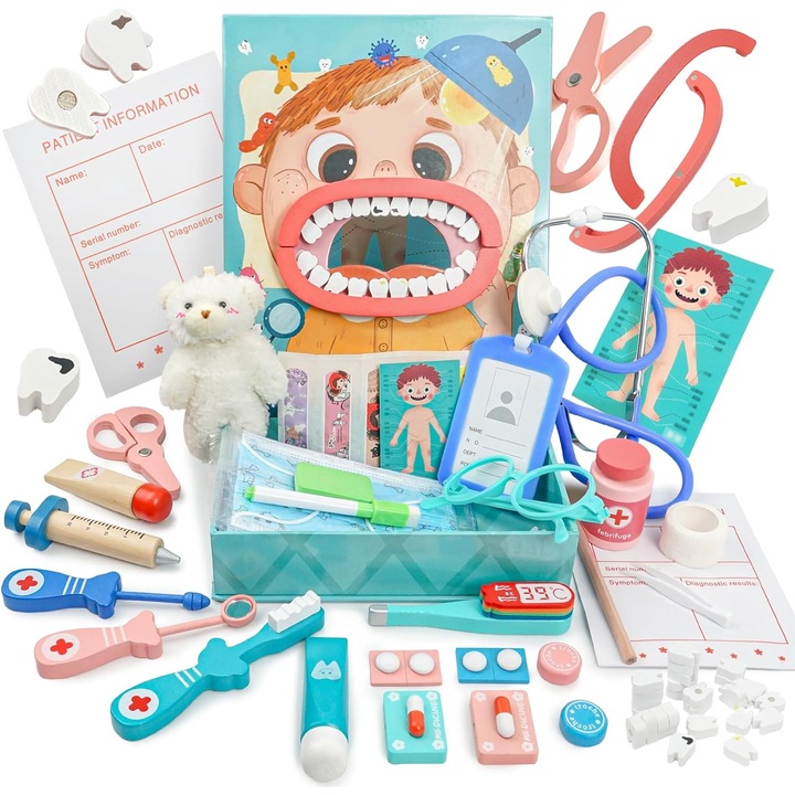 Set trusa de doctor - la dentist, GOSTOCK®, Din lemn, Cu 62 accesorii, Turcoaz