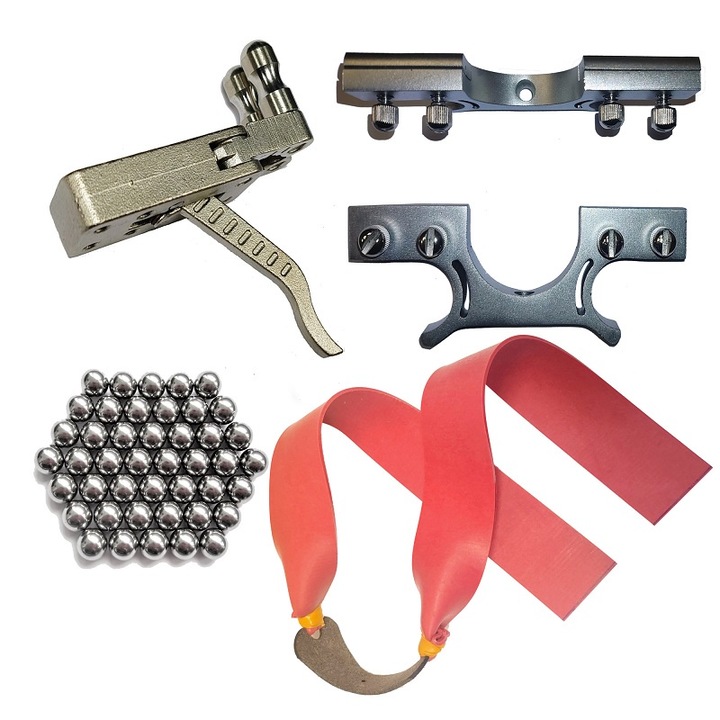 Acél ravaszkészlet, 4 cm-es puskaheveder fémfej, Linatex gumi és egy kilogramm 12 mm-es golyó