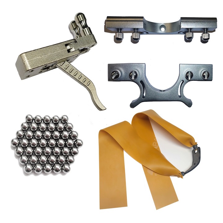 Acél ravaszkészlet, 4 cm-es puskaheveder fémfej, aranypántok és egy kilogramm 10 mm-es golyó