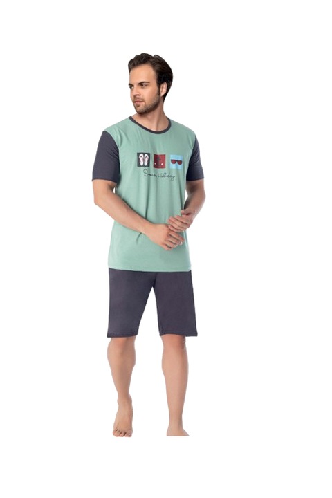 Pijamale barbati, bumbac, 2 piese, tricou maneca scurta, pantaloni scurti, vacantion, verde/negru, marime L