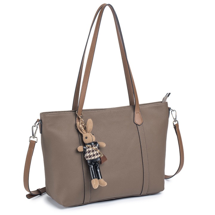 Geanta Shopper AZeira®, Stil Casual-Elegant, Piele Naturala Premium, Incapatoare, Interior compartimentat, Bareta de umar detasabila, 38x26x13 cm, Khaki cu Maro