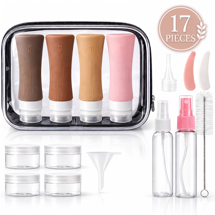 Set 17 Recipiente Calatorie Miraza, Bagaj de Mana Avion, Rezistente la Scurgeri, 4 x Sticlute Silicon 90 ml, 2 x Pulverizatoare, 4 x Cutii Creme, Gentuta Depozitare Inclusa, Multicolor
