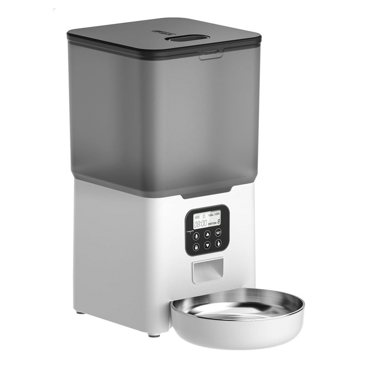 Dozator automat de hrana pentru animale, capacitate 5.6L, 4 mese pe zi, inregistrare voce, inox, 5V
