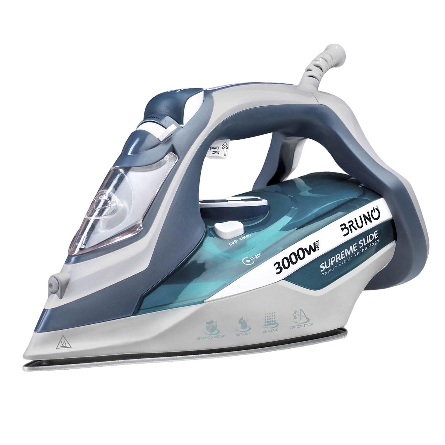 Fier de calcat cu abur BRUNO Supreme Slide, 3000W, ceramica, 350ml, alb-bleu-gri, 31.7x13x16cm
