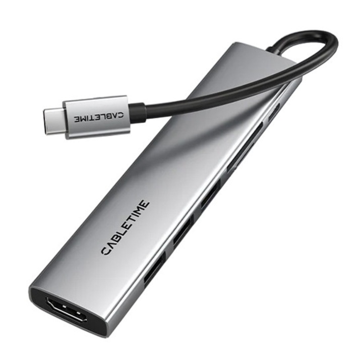 Докинг станция CABLETIME CT-HBP2-AG7, 7 порта, USB-C, 4K, 100W, алуминий, сива, 28x127mm