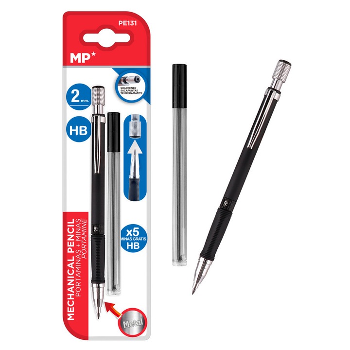 Механичен молив HB, MP, с 5 пълнителя, 2 мм, черен/сребрист