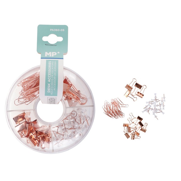 Set de birou MP PA360-05, clipsuri, agrafe si pioneze, aramiu, in cutie