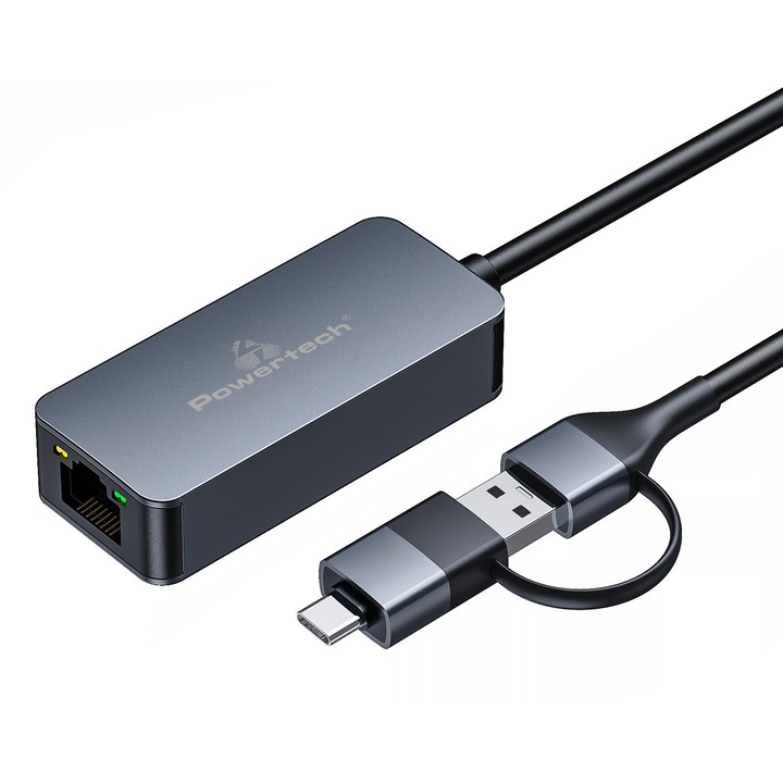 Adaptor retea PowerTech PTR-0149, USB & USB-C, 1000 Mbps, aluminiu, gri, 13.5cm