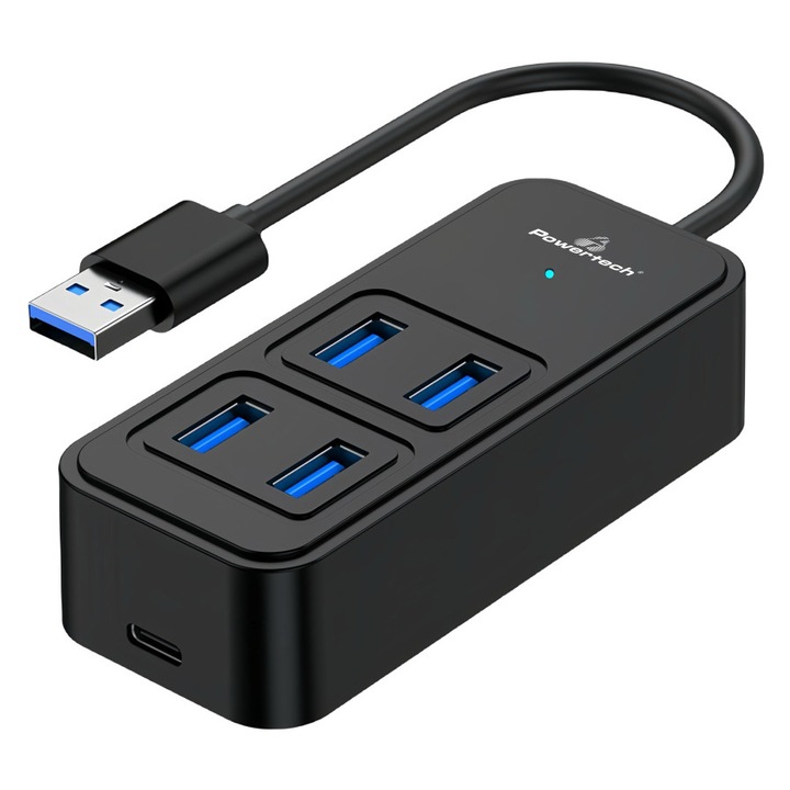 Hub USB PowerTech PTR-0153, 4 porturi, 5 Gbps, USB-C, 90x37x22mm, negru