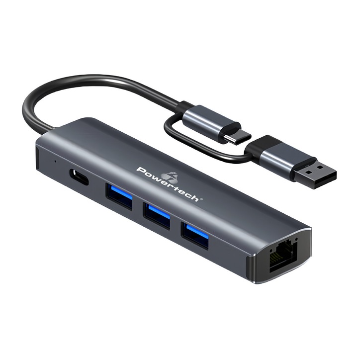 Hub USB PowerTech PTR-0150, 4 porturi, USB & USB-C, negru, 108x28x14mm