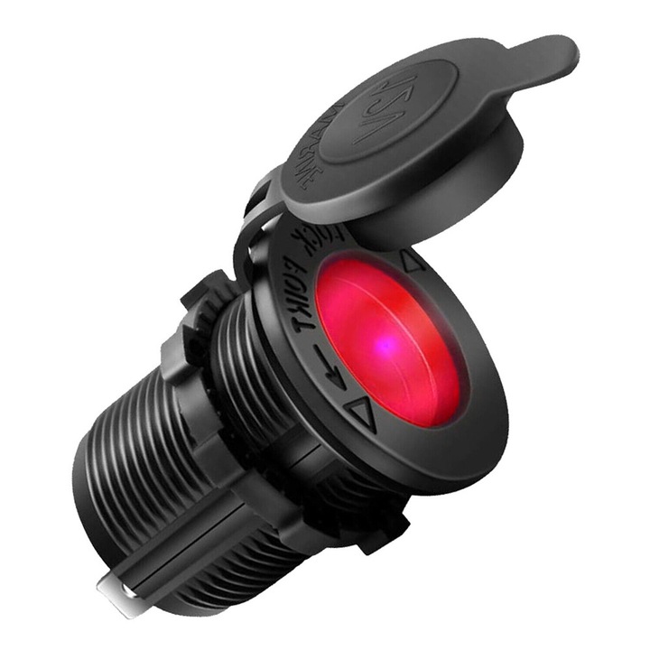 Priza adaptor PowerTech PTL-011, cu capac de protectie, LED rosu, 12V, 29x40mm