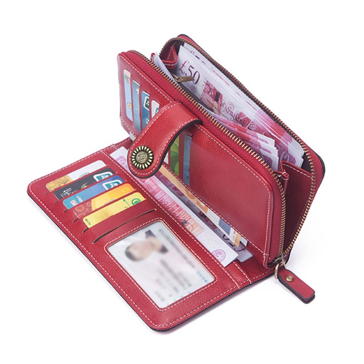 Portofel de Dama Premium, 15 Locuri de Card, Sertar de Bani si de Monezi, cu Fermoar si Capsa, Foarte Incapator si Elegant, PriStyle®, 19x10x3cm, Rosu