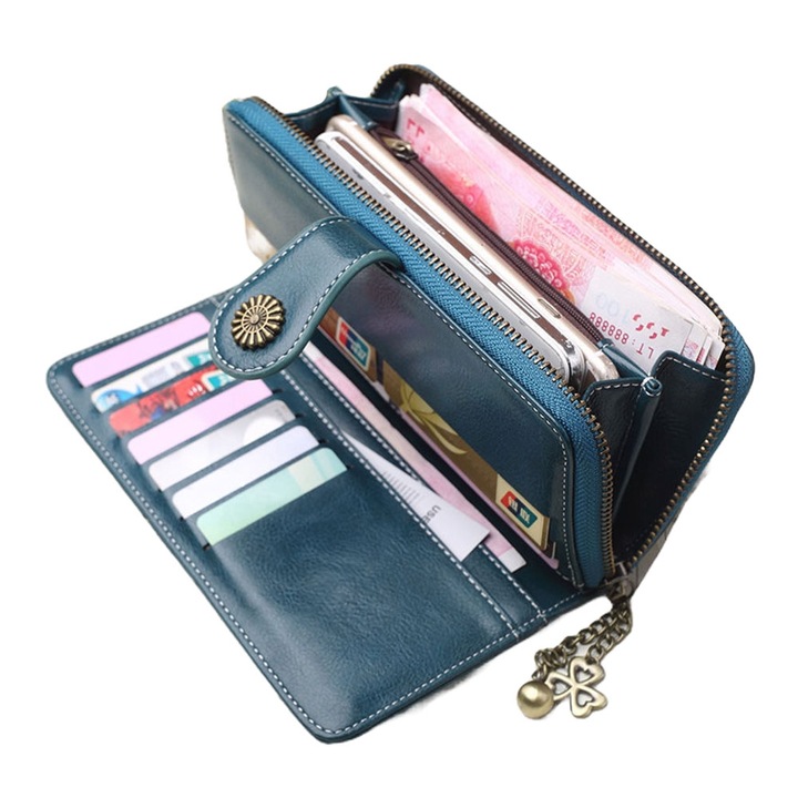 Portofel de Dama Premium, cu 15 Locuri de Carduri si Bancnote, Sertar de Bani si de Monezi, Cu Capsa si Fermoar, PriStyle®,19x10x3cm, Turcoaz