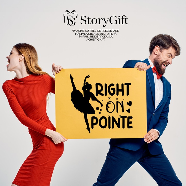 Sticker Exterior cu o figura de balerina si textul "Right on pointe" - direct pe punct, Vinyl Negru, 20 cm