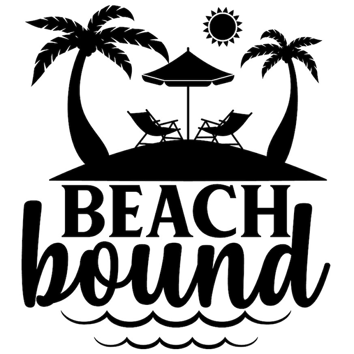 Sticker Exterior cu un peisaj de la plaja si textul "Beach bound" - legat de plaja, Vinyl Negru, 30 cm