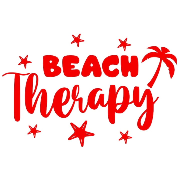 Sticker Exterior cu stelute si palmier cu mesajul "Beach therapy" - terapie pe plaja, Vinyl Rosu, 30 cm
