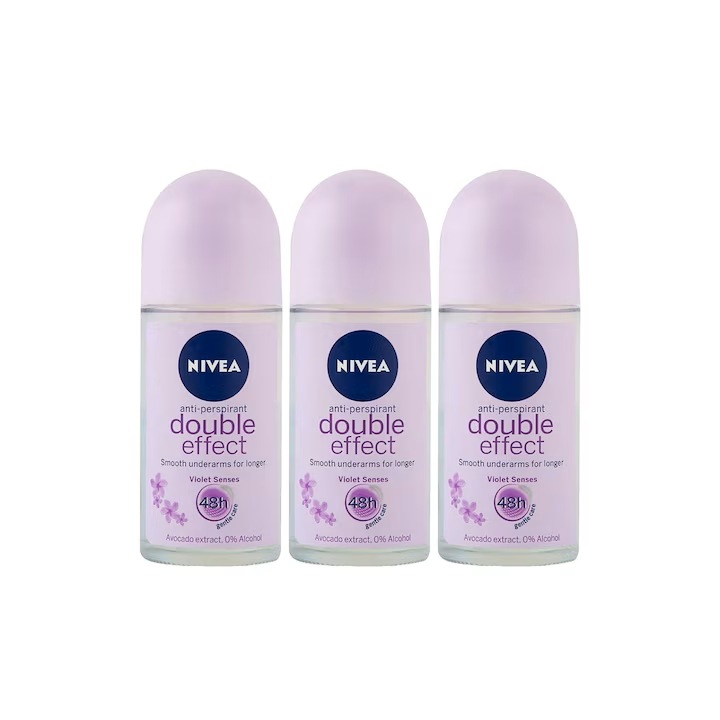 3x Roll-On dezodor Nivea Woman 50ml-es készlet, Dupla hatás, Fehér folt gátló, élénkítő, hosszan tartó frissesség, 48 órás védelem