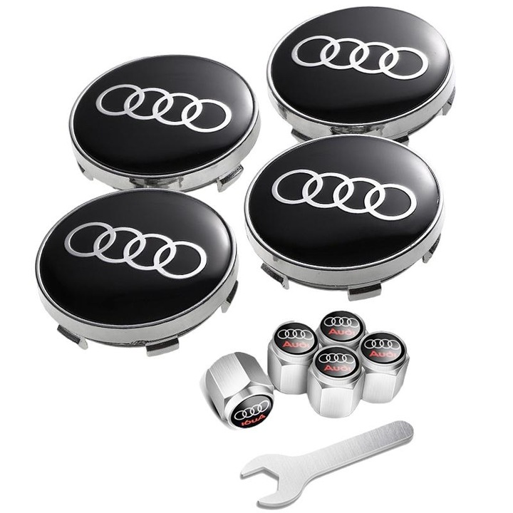 Set capace roti Audi, 4 buc, 75mm, negru, set 8 piese