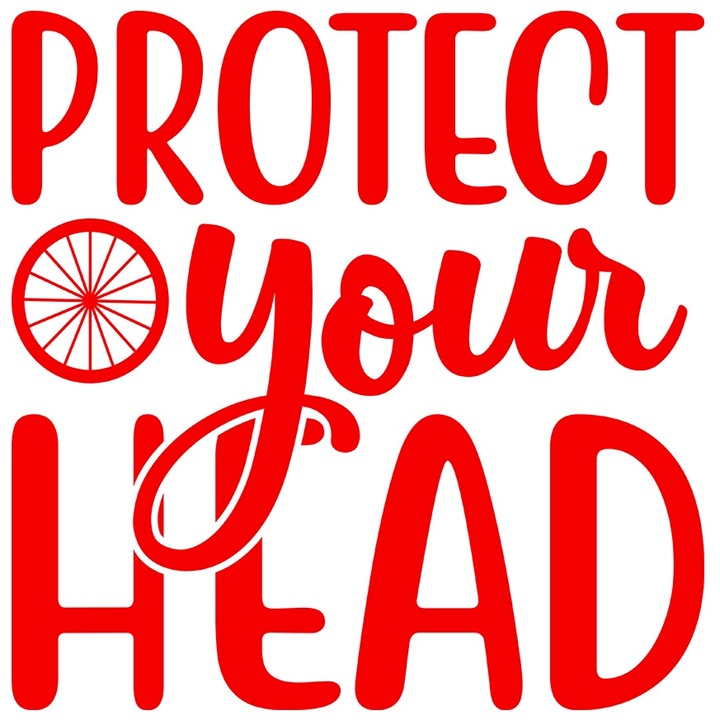 Sticker Exterior cu mesaj care te indeamna sa iti protejezi capul purtand o casca - roata de bicicleta, Vinyl Rosu, 70 cm