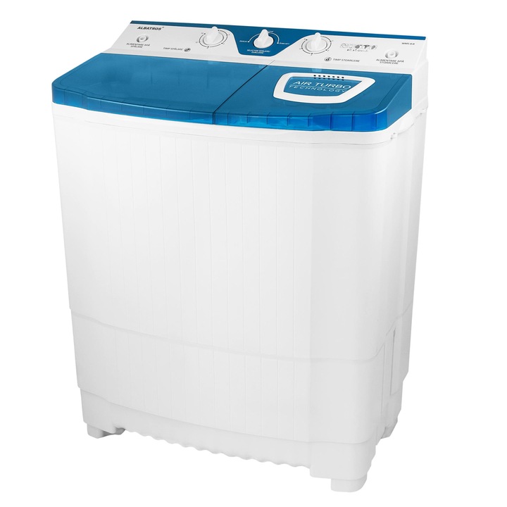 Пералня Albatros WMS 8.8, Мотор за пране 310 W, Мотор за центрофуга 130 W, Количество сухо пране 8 кг, Количество пране за изстискване 3 кг, Подаване на студена или топла вода, Бяло/Синьо