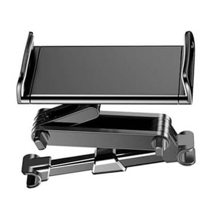 Suport auto pentru telefon sau tableta, prindere pe tetiera, latime telefon sau tableta intre 119 - 205mm, brat extensibil 105 - 145mm, rotire 360 grade, ABS, Negru