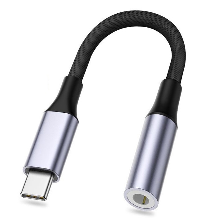 Аудио адаптер за телефон, SINBINTA, USB Type C - Jack 3.5 mm, DAC чип, Plug and play, Устойчив на висока температура, Преносим, Aux кабел за слушалки, Без шум, Алуминиева сплав, 13 cm, Сив