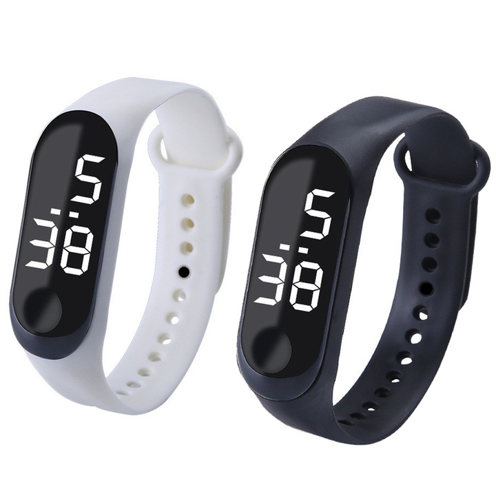 2 db digitális karóra készlet gyerekeknek, SIBINTA, LED, Kijelző érintőképernyő 46mm, Vízálló, Klasszikus egyszerű kialakítás, Könnyen hordható, Állítható, Kopásálló, Puha, Légáteresztő, Újrafelhasználható, Szilikon, Fekete/fehér