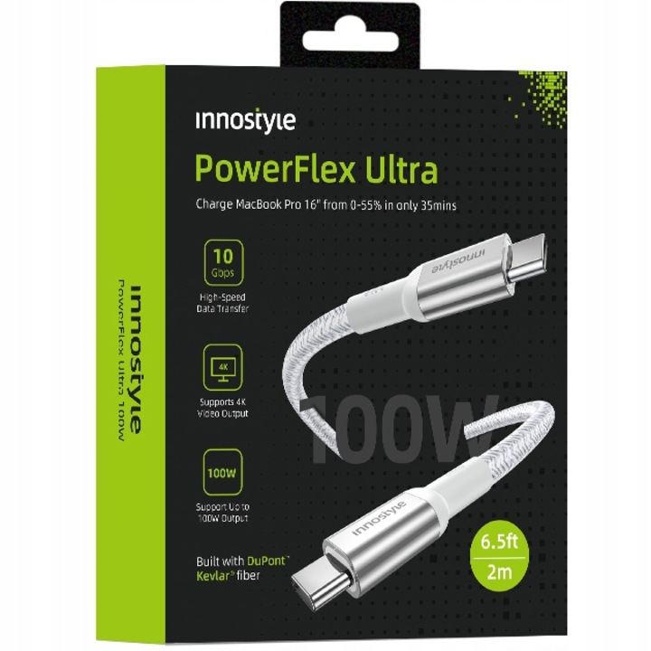 Innostyle Powerflex Ultra Kábel Usb-C Gyors Töltés Thunderbolt 10Gbps 100W Kevlár 2M Ezüst