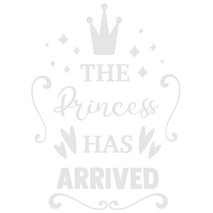Sticker Exterior pentru o fata iubita si rasfatata cu mesajul "The princess has arrived" - printesa a ajuns inimioare, Vinyl Alb, 25 cm