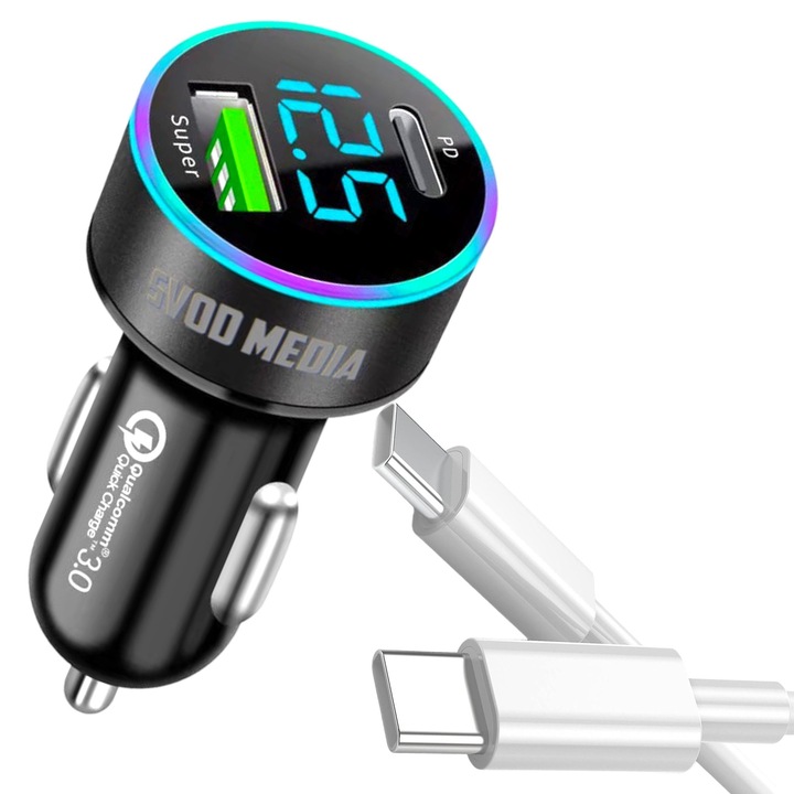 Incarcator Auto SvodMedia®️ 86W Dual Quick Fast Charge cu Cablu Tip C Inclus, USB si Type-C, cu Afisaj LED Digital, Negru