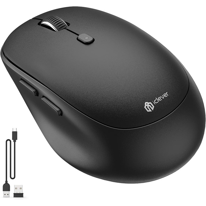 iClever MD165, Egér kettős mód, újratölthető, vezeték nélküli, Bluetooth Type-C, több csatlakozási lehetőség, vezeték nélküli, DPI 800/1200/1600/2400, fekete, ergonómikus kialakítás