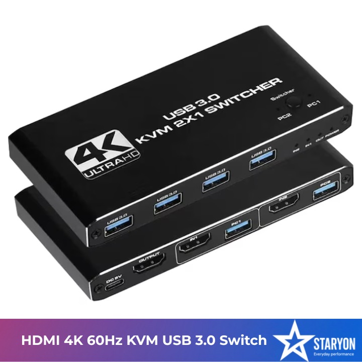 Switch KVM HDMI Staryon®, Comutator USB 3.0 2x1 HDMI 4K@60Hz, Hot Key Switch, 2 computere partajeaza un monitor, tastatura si mouse, suport disc USB, imprimanta si camera USB, Negru