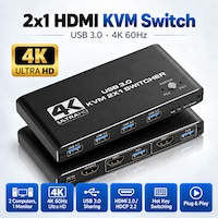 Switch KVM HDMI 2x1, Comutator USB 3.0 4K 60Hz, HDMI 2.0, HDCP 2.2, Hot Key, Staryon, 2 Computere Partajeaza 1 Monitor Tastatura Si Mouse, Imprimanta Camera USB, Plug And Play, Negru