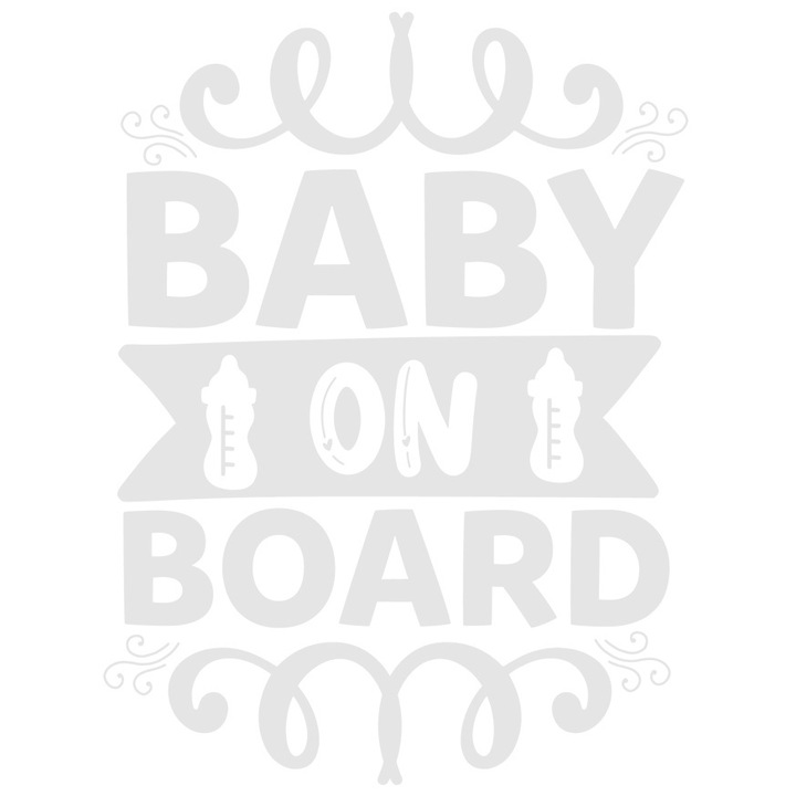 Sticker Exterior cu textul in engleza "Baby on board" - bebelus la bord biberoane, Vinyl Alb, 90 cm