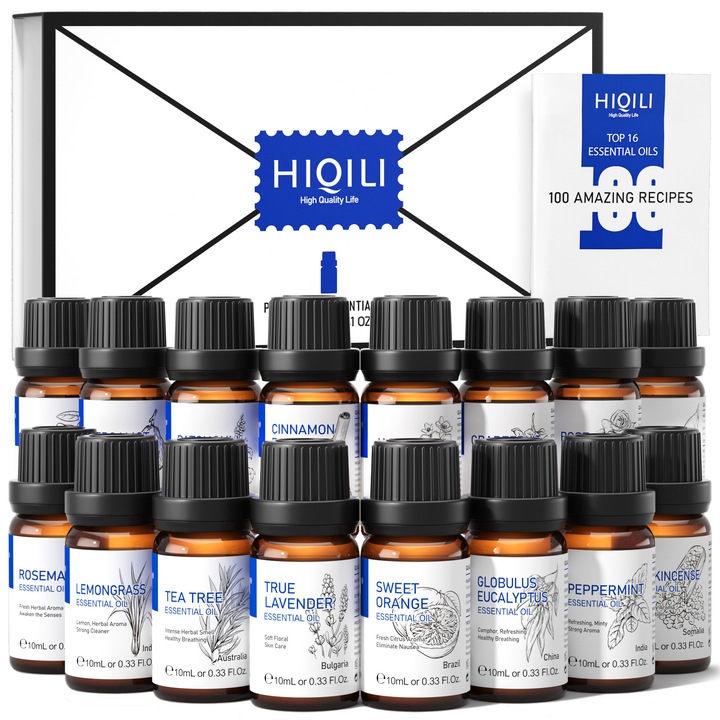 Set 16 uleiuri esentiale HIQILI, ulei esential Aromaterapie, lavanda, iasomie, trandafir, eucalipt, grepfrut, menta, tamaie, portocala, lemongrass, bergamota, arbore de ceai, scortisoara, ylang ylang, paciuli, rozmarin, lamaie, Cutie Cadou, 10ml x 16