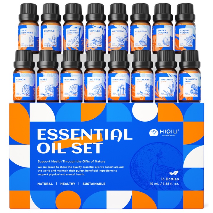 Set 16 uleiuri esentiale HIQILI, ulei esential Aromaterapie, lavanda, iasomie, trandafir, eucalipt, vanilie, menta, lemn de sant, portocala, lemongrass, bergamota, arbore de ceai, scortisoara, ylang ylang, paciuli, rozmarin, lamaie, Cutie Cadou, 10ml x 16