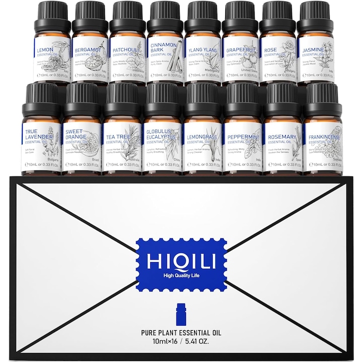 Комплект от 16 етерични масла HIQILI, Ароматерапия, 16 аромата, 10 ml x 16