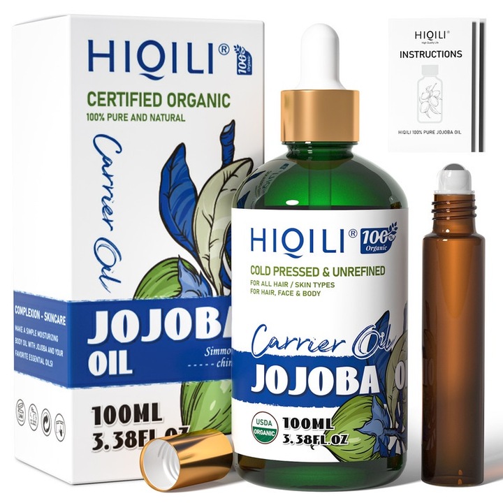 HIQILI Jojoba kozmetikai olaj, hidegen sajtolt, 100% tisztaságú, bőrre és hajra, ajándék golyós üveggel, 100 ml