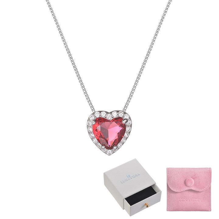 Colier dama, Model Inima/Piatra Rosie, LUNAVIDIA, Rosu/Argintiu