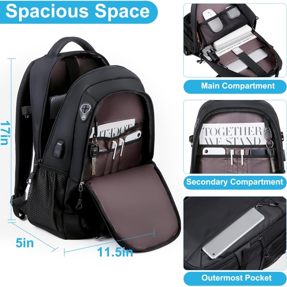 Rucsac Business Multifunctional, EYUSALL, Rezistent la apa, cu Port de incarcare USB, Ergonomic, 30 x 14 x 45cm, Negru