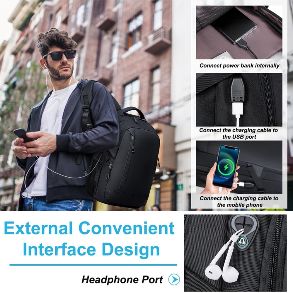 Rucsac Business Multifunctional, EYUSALL, Rezistent la apa, cu Port de incarcare USB, Ergonomic, 30 x 14 x 45cm, Negru