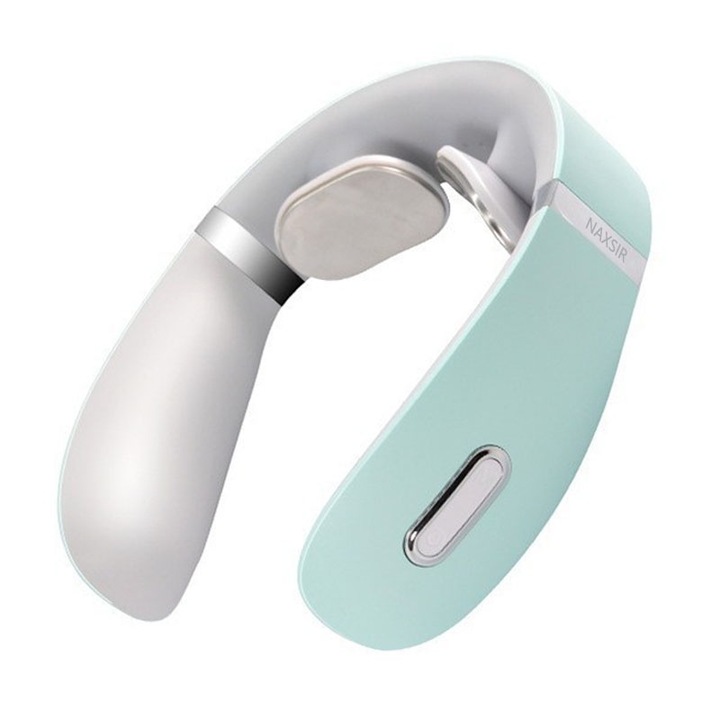 Aparat masaj cervical cu impulsuri electromagnetice, NAXSIR, Compresie Termica, EMS, 4 moduri de masaj, 15 nivele de intensitate, USB, albastru