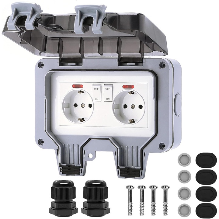 Priza impermeabila exterior, IP66, Gri, Priza de gradina exterioara, rezistenta la apa si praf, IP66, 2 orificii, gri, cu indicator